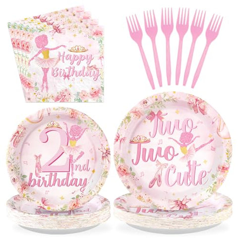 96 Pcs Ballerina 2nd Birthday Party Plates and Napkins - Grencian