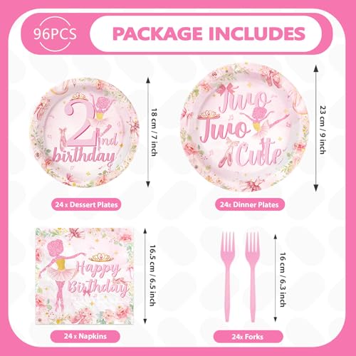 96 Pcs Ballerina 2nd Birthday Party Plates and Napkins - Grencian