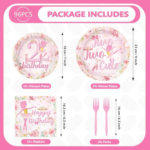96 Pcs Ballerina 2nd Birthday Party Plates and Napkins - Grencian