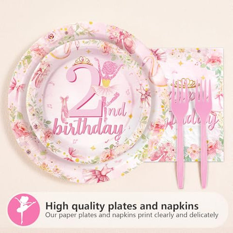 96 Pcs Ballerina 2nd Birthday Party Plates and Napkins - Grencian