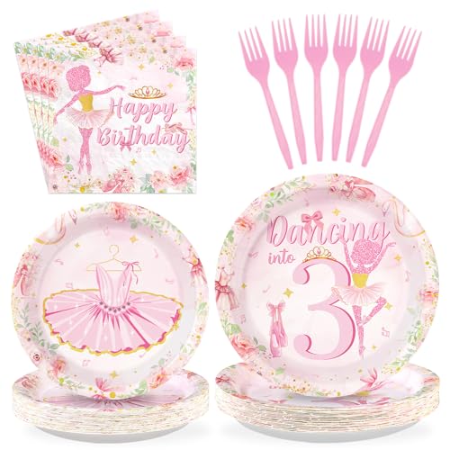 96 Pcs Ballerina 3rd Birthday Party Plates and Napkins - Grencian