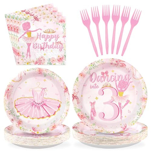 96 Pcs Ballerina 3rd Birthday Party Plates and Napkins - Grencian