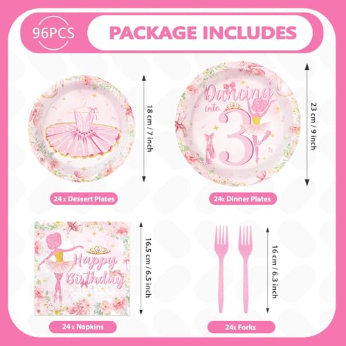 96 Pcs Ballerina 3rd Birthday Party Plates and Napkins - Grencian