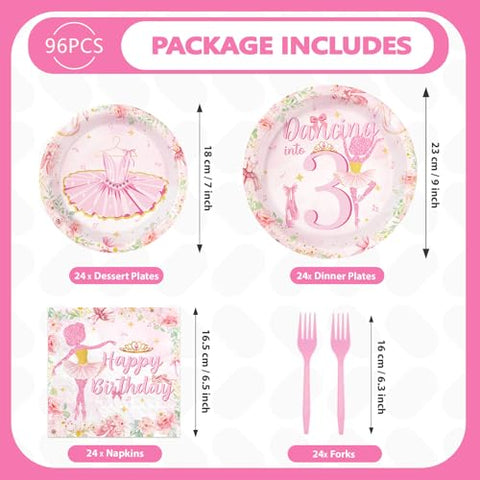 96 Pcs Ballerina 3rd Birthday Party Plates and Napkins - Grencian