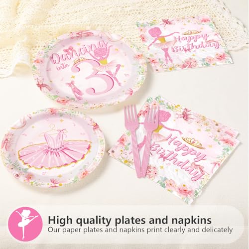 96 Pcs Ballerina 3rd Birthday Party Plates and Napkins - Grencian