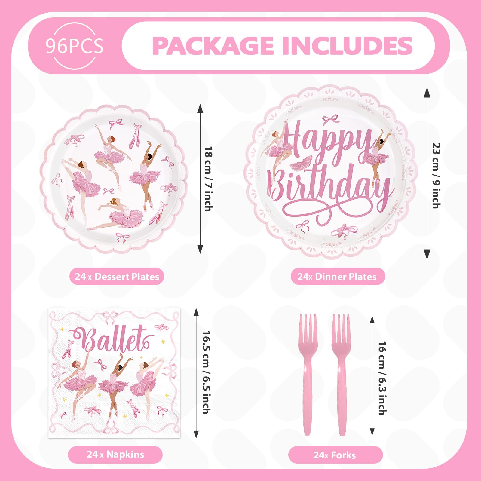 96 Pcs Ballerina Dancer Birthday Party Plates and Napkins - Grencian