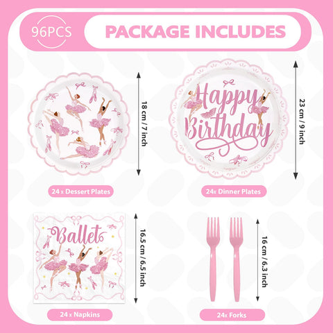 96 Pcs Ballerina Dancer Birthday Party Plates and Napkins - Grencian