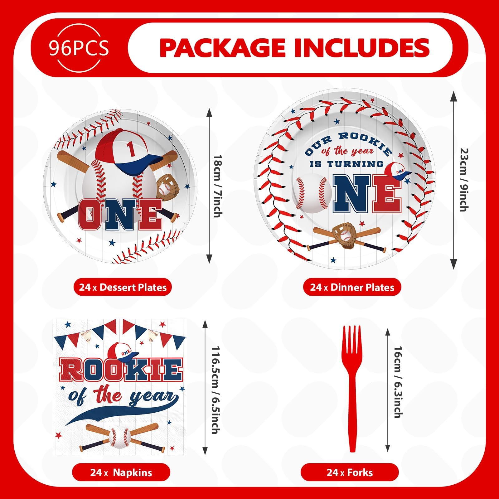 96 Pcs Baseball 1st Birthday Party Plates and Napkins - Grencian