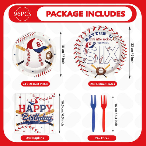 96 Pcs Baseball 6th Birthday Party Plates and Napkins - Grencian