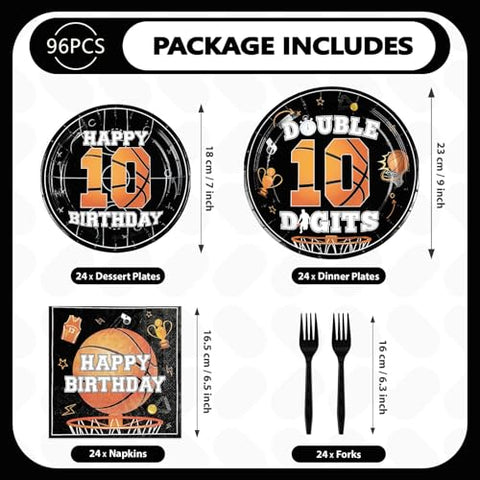 96 Pcs Basketball 10th Birthday Party Plates and Napkins - Grencian