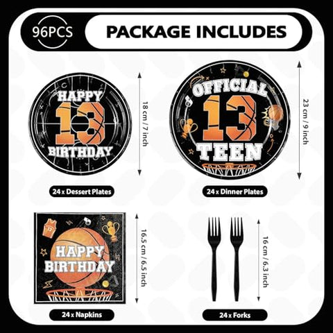 96 Pcs Basketball 13th Birthday Party Plates and Napkins - Grencian
