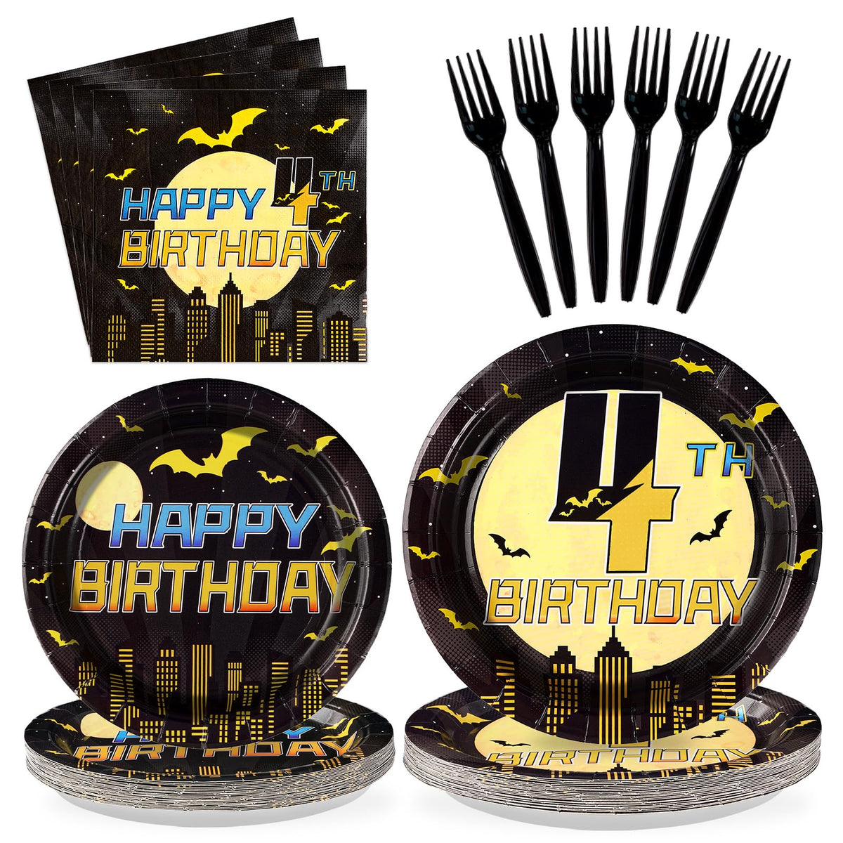96 Pcs Bat 4th Birthday Party Plates and Napkins - Grencian