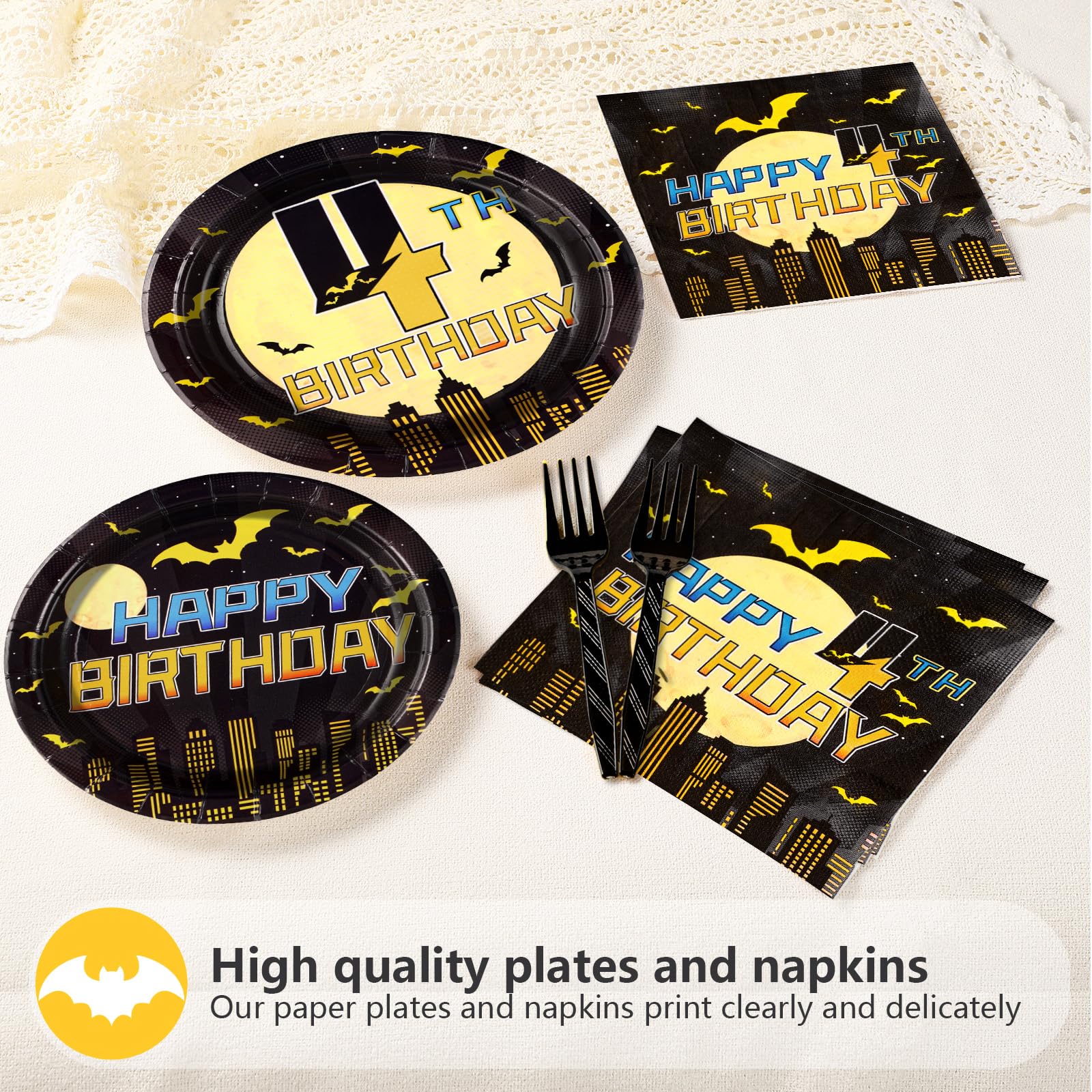 96 Pcs Bat 4th Birthday Party Plates and Napkins - Grencian