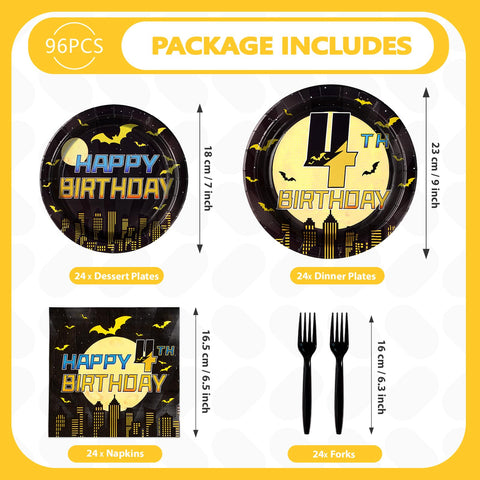 96 Pcs Bat 4th Birthday Party Plates and Napkins - Grencian