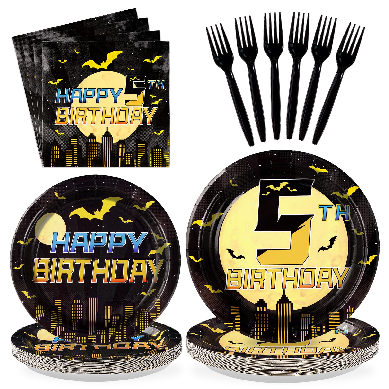 96 Pcs Bat 5th Birthday Party Plates and Napkins - Grencian