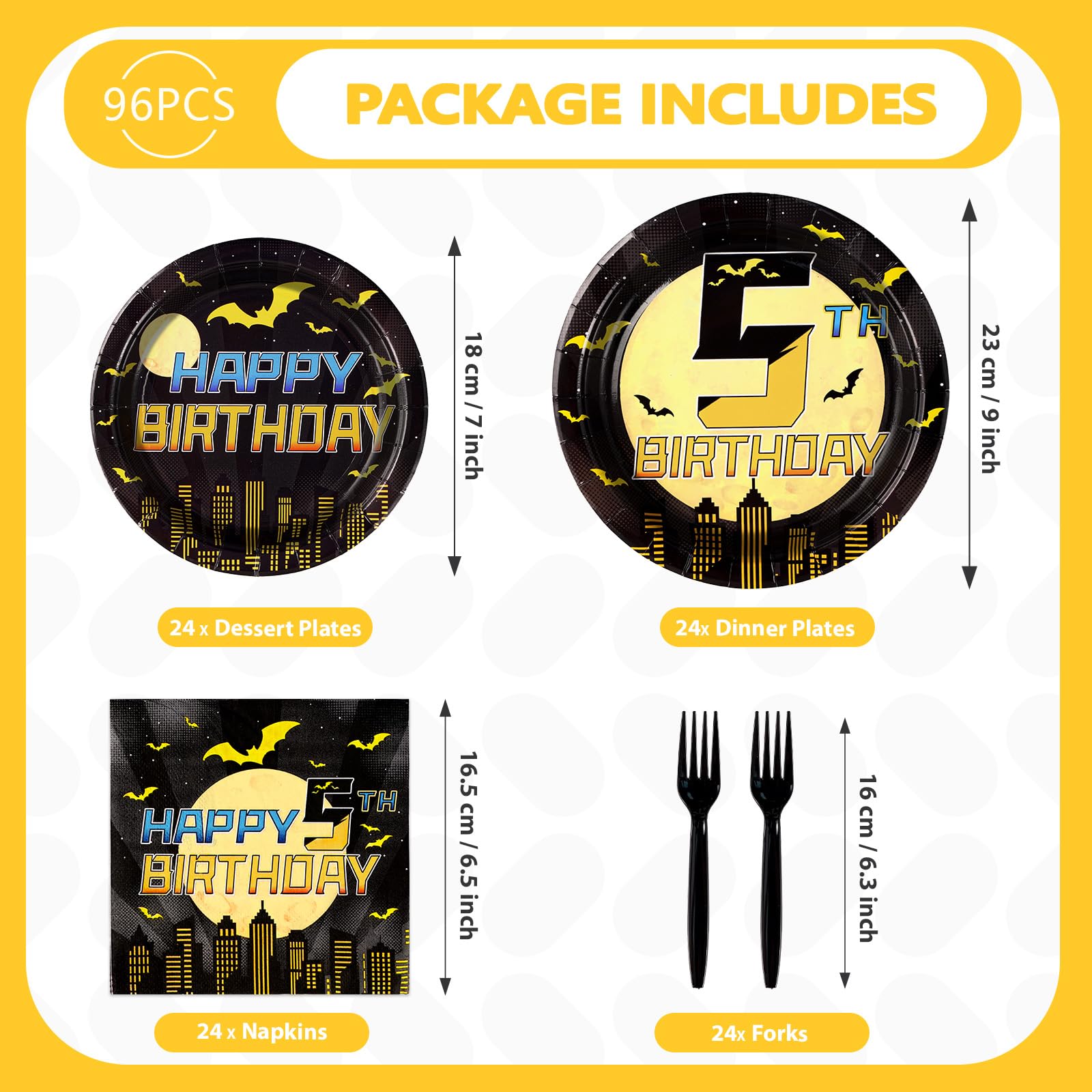 96 Pcs Bat 5th Birthday Party Plates and Napkins - Grencian