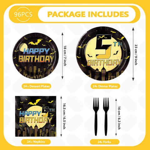 96 Pcs Bat 5th Birthday Party Plates and Napkins - Grencian