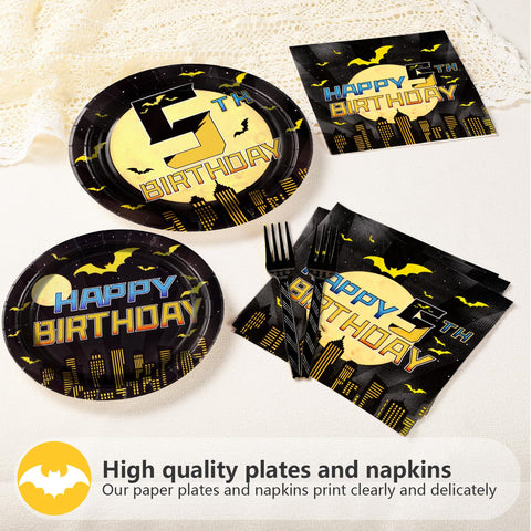 96 Pcs Bat 5th Birthday Party Plates and Napkins - Grencian