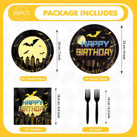96 Pcs Bat Birthday Party Plates and Napkins - Grencian