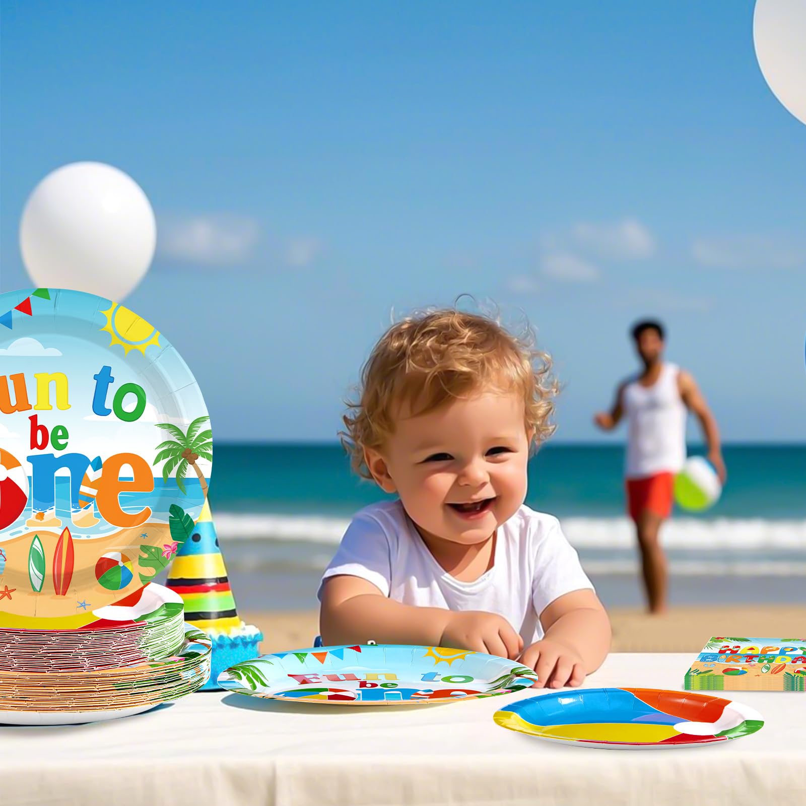 96 Pcs Beach Ball 1st Birthday Party Plates and Napkins - Grencian