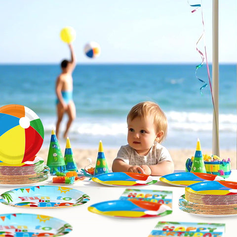 96 Pcs Beach Ball 1st Birthday Party Plates and Napkins - Grencian