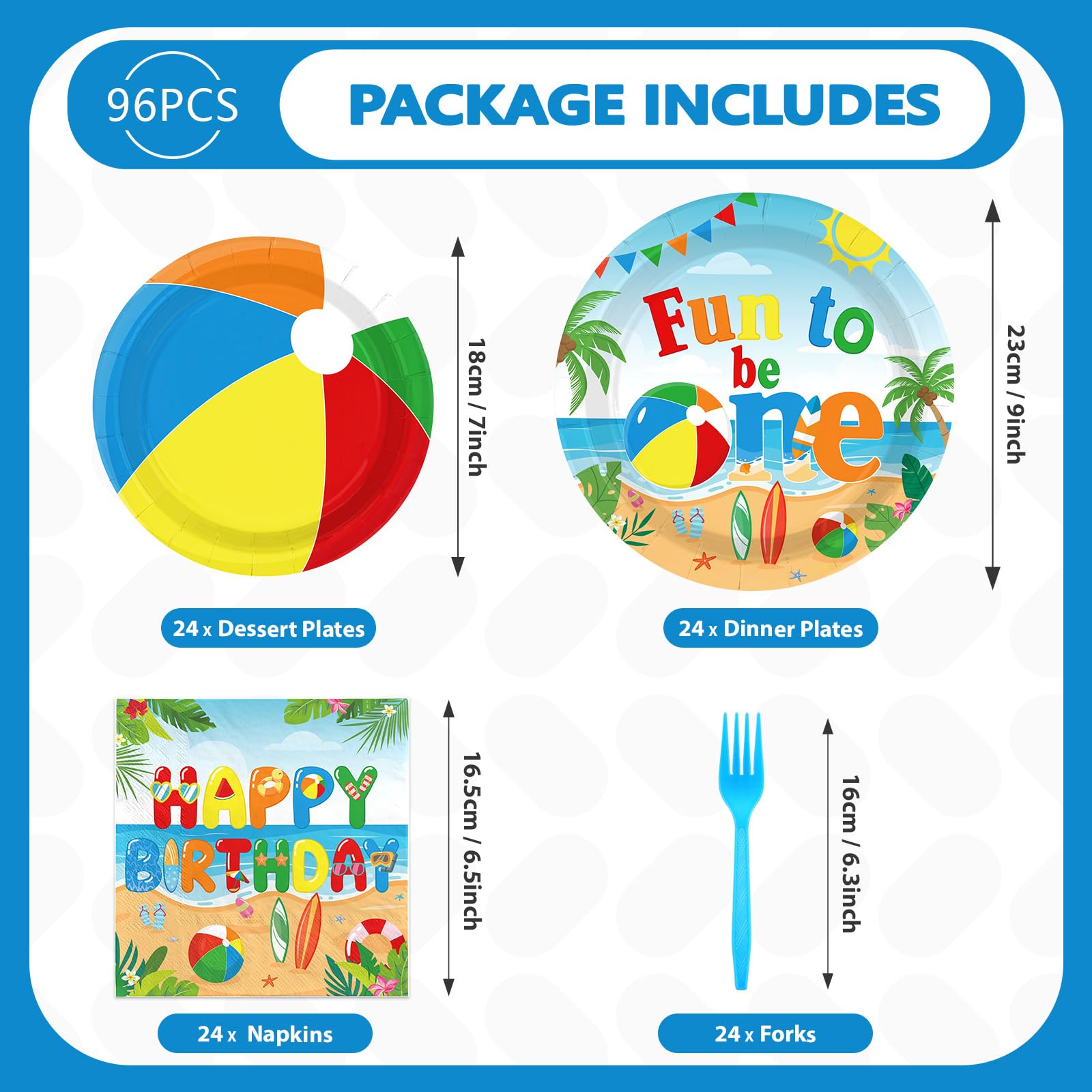 96 Pcs Beach Ball 1st Birthday Party Plates and Napkins - Grencian