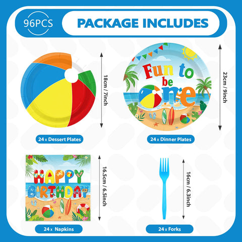 96 Pcs Beach Ball 1st Birthday Party Plates and Napkins - Grencian