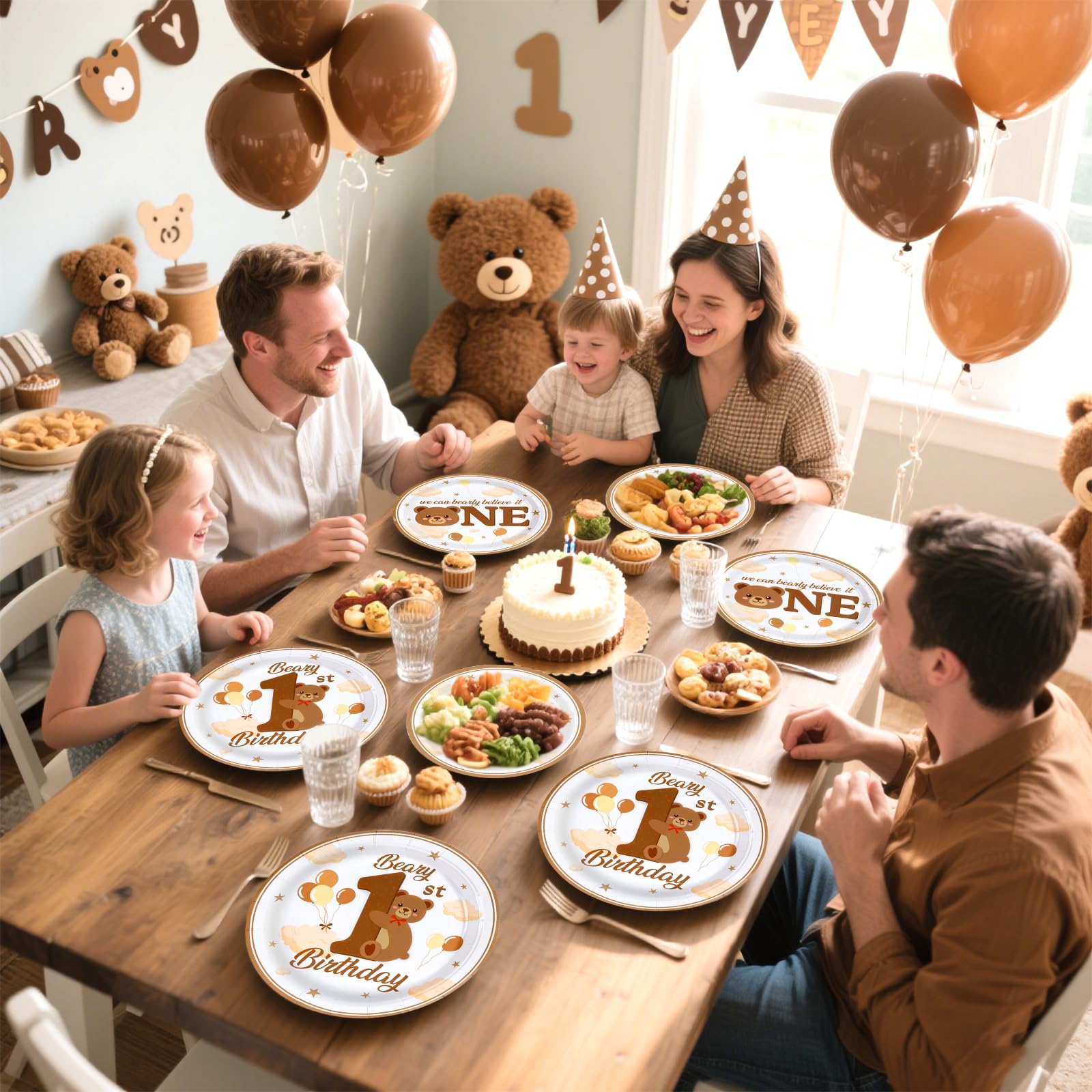 96 Pcs Bear First Birthday Party Plates and Napkins - Grencian