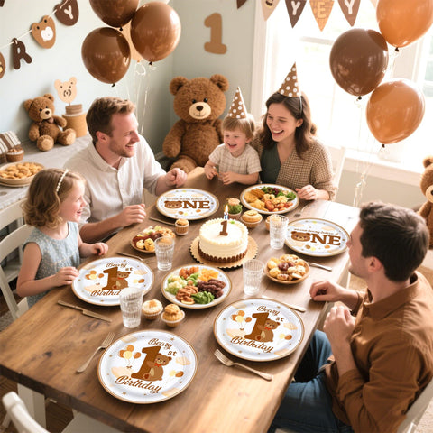 96 Pcs Bear First Birthday Party Plates and Napkins - Grencian