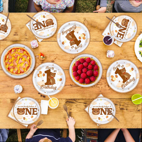 96 Pcs Bear First Birthday Party Plates and Napkins - Grencian