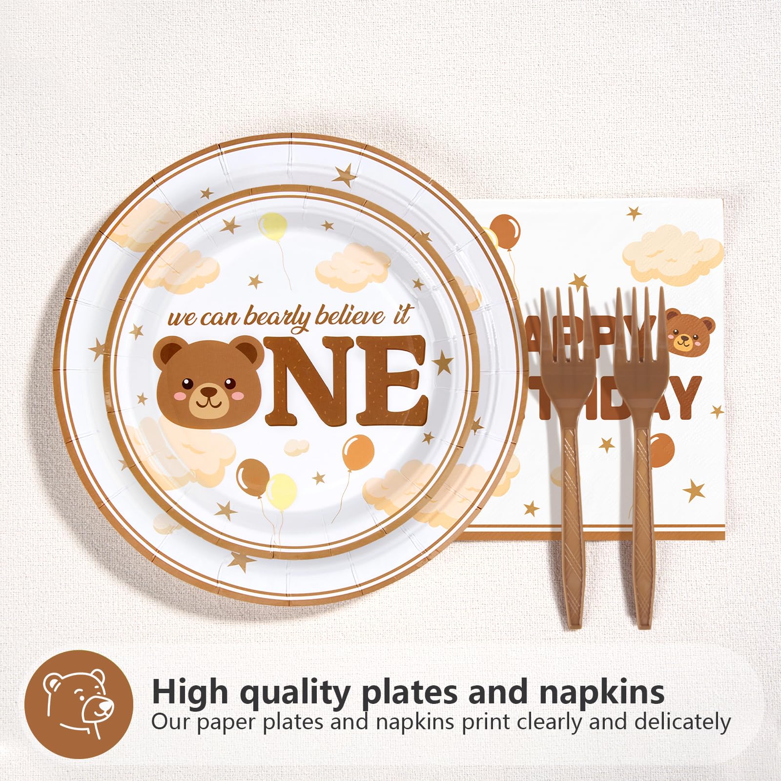 96 Pcs Bear First Birthday Party Plates and Napkins - Grencian