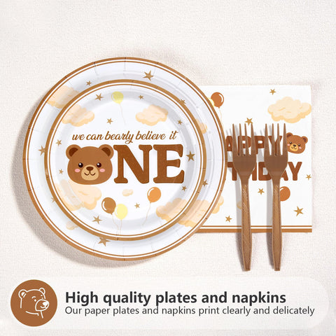 96 Pcs Bear First Birthday Party Plates and Napkins - Grencian