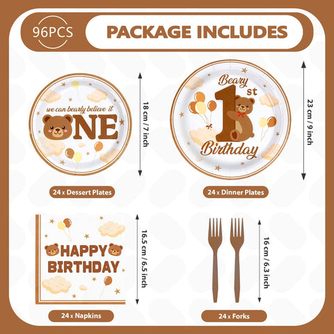 96 Pcs Bear First Birthday Party Plates and Napkins - Grencian