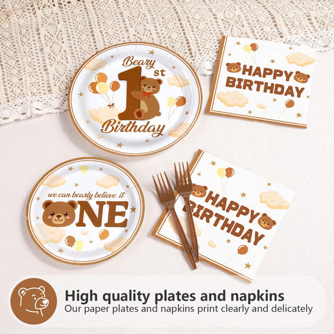 96 Pcs Bear First Birthday Party Plates and Napkins - Grencian