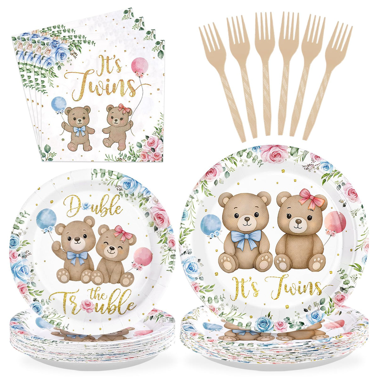 96 Pcs Bear Twin Baby Shower Party Plates and Napkins - Grencian