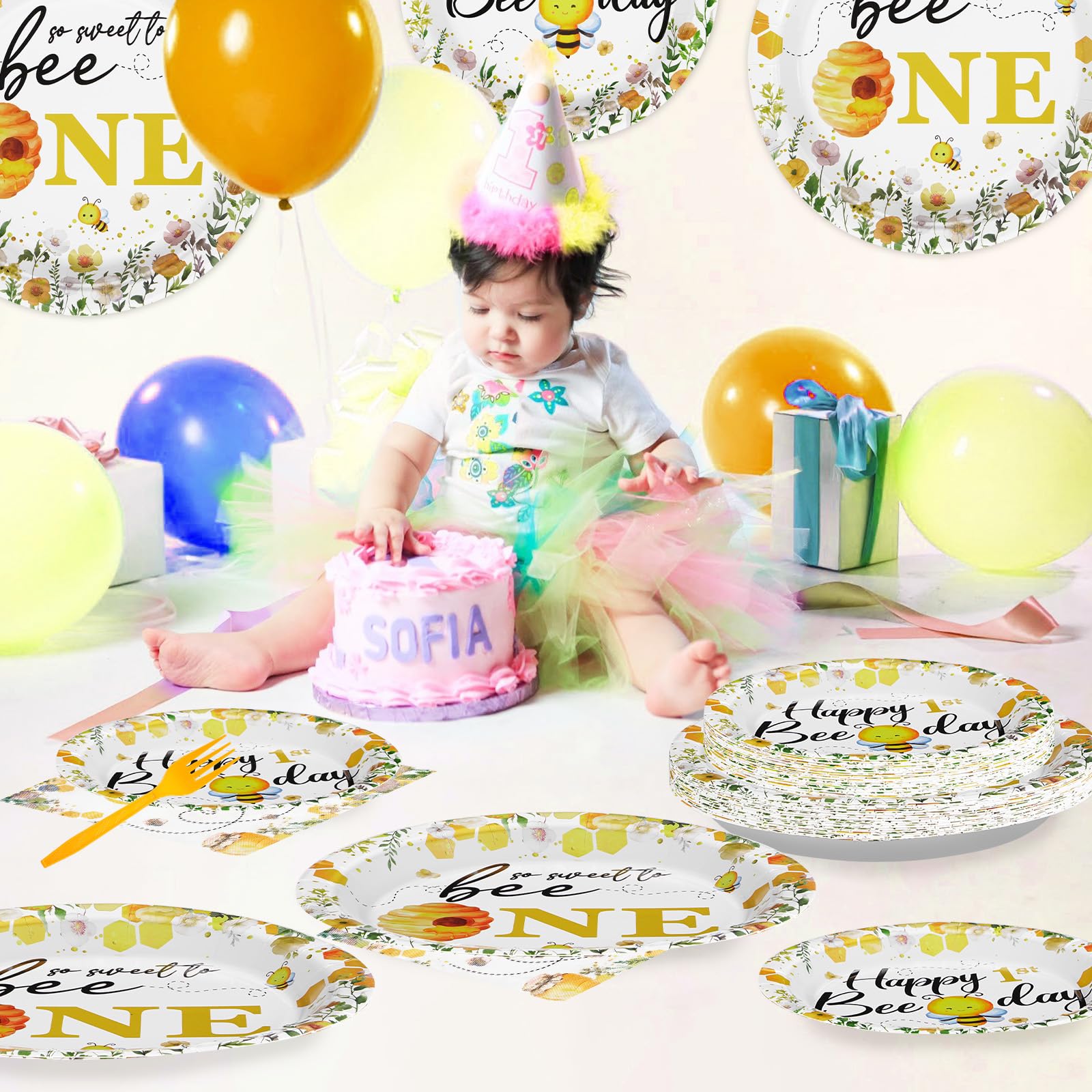 96 Pcs Bee 1st Birthday Party Plates and Napkins - Grencian