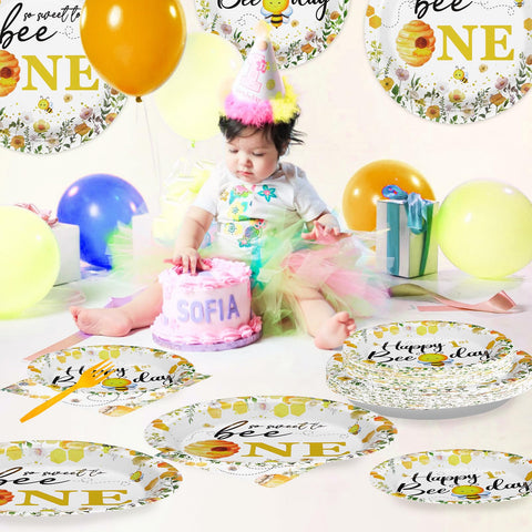 96 Pcs Bee 1st Birthday Party Plates and Napkins - Grencian