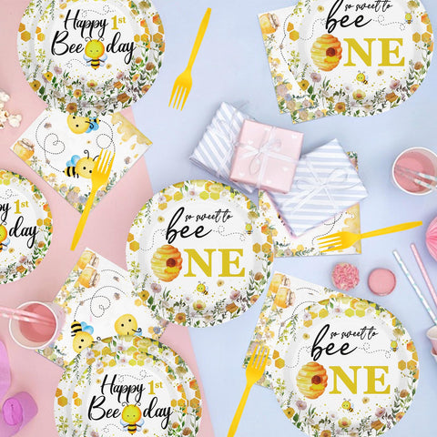 96 Pcs Bee 1st Birthday Party Plates and Napkins - Grencian