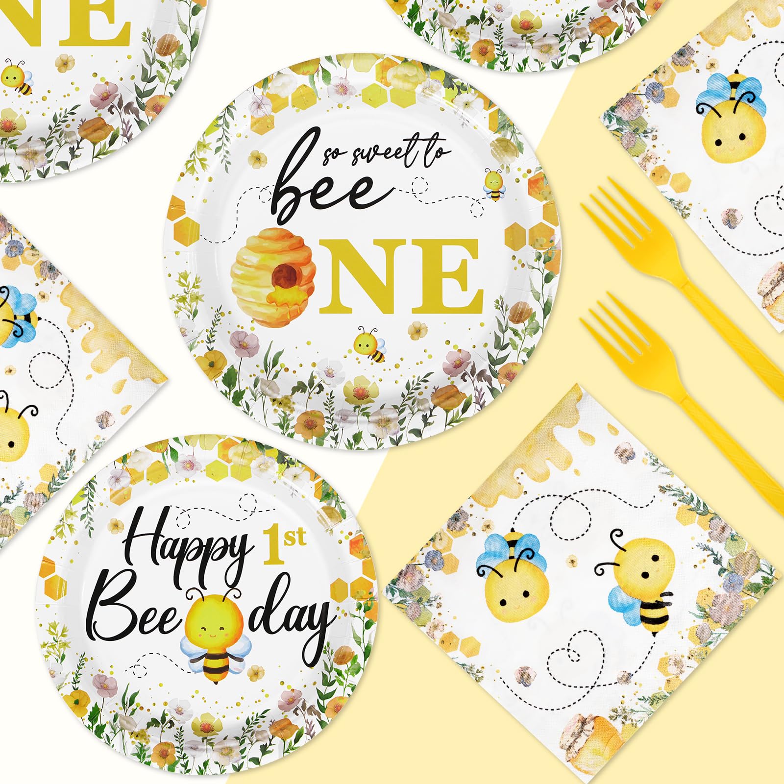 96 Pcs Bee 1st Birthday Party Plates and Napkins - Grencian