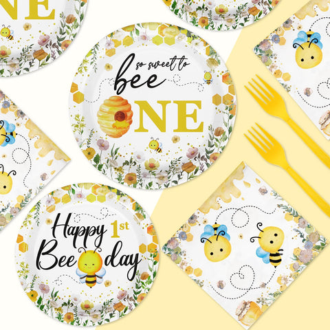 96 Pcs Bee 1st Birthday Party Plates and Napkins - Grencian