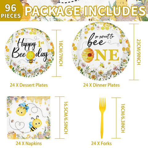 96 Pcs Bee 1st Birthday Party Plates and Napkins - Grencian