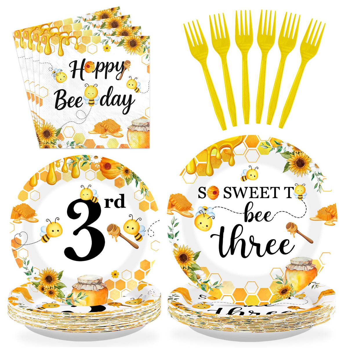 96 Pcs Bee 3rd Birthday Party Plates and Napkins - Grencian