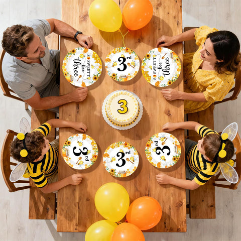 96 Pcs Bee 3rd Birthday Party Plates and Napkins - Grencian