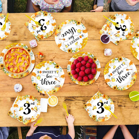 96 Pcs Bee 3rd Birthday Party Plates and Napkins - Grencian