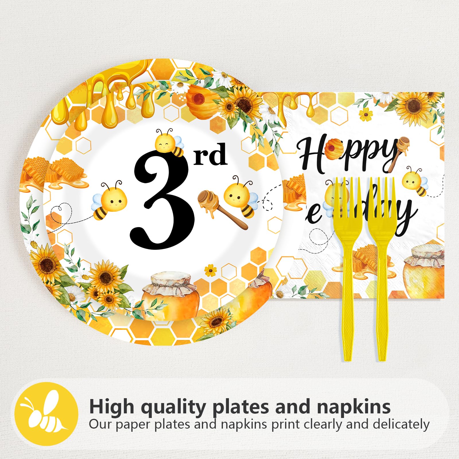 96 Pcs Bee 3rd Birthday Party Plates and Napkins - Grencian