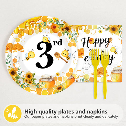 96 Pcs Bee 3rd Birthday Party Plates and Napkins - Grencian