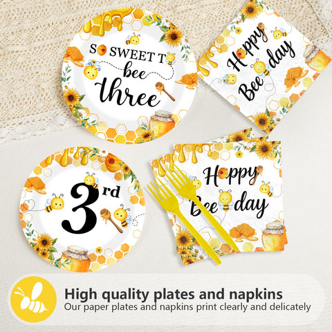 96 Pcs Bee 3rd Birthday Party Plates and Napkins - Grencian