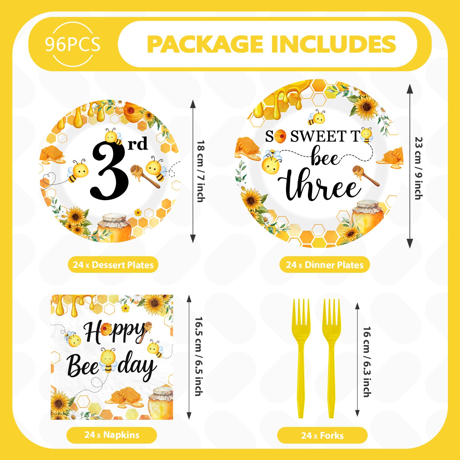96 Pcs Bee 3rd Birthday Party Plates and Napkins - Grencian