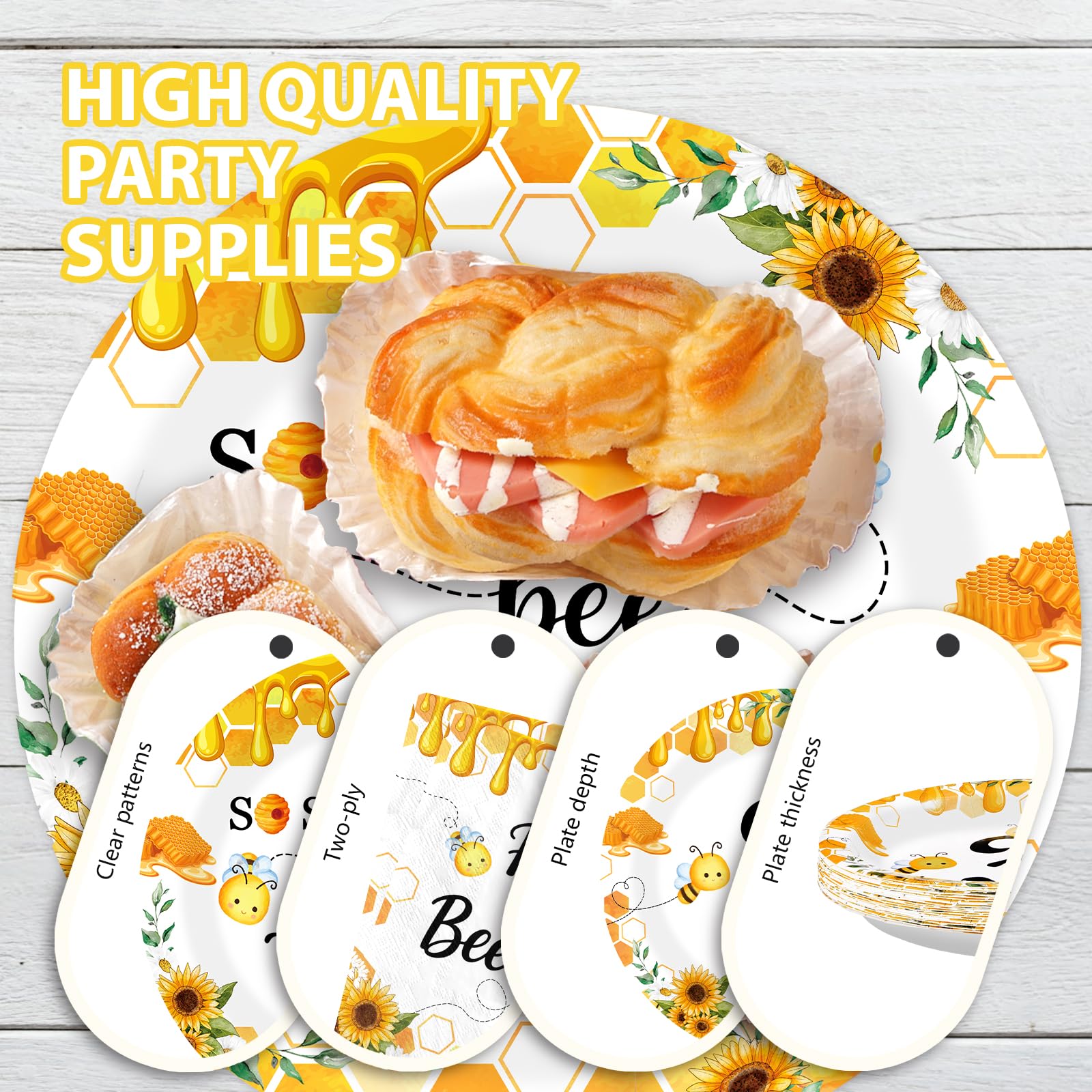 96 Pcs Bee 3rd Birthday Party Plates and Napkins - Grencian