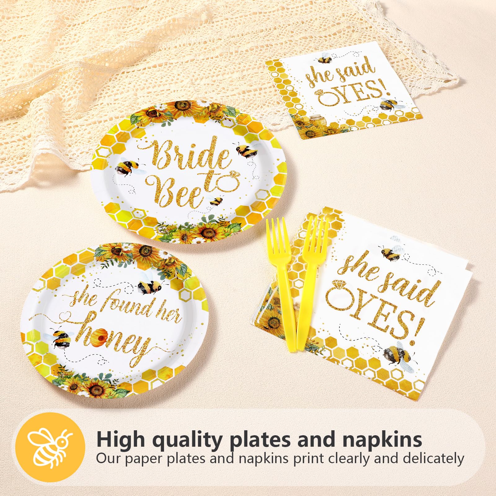 96 Pcs Bee Bridal Shower Party Plates and Napkins